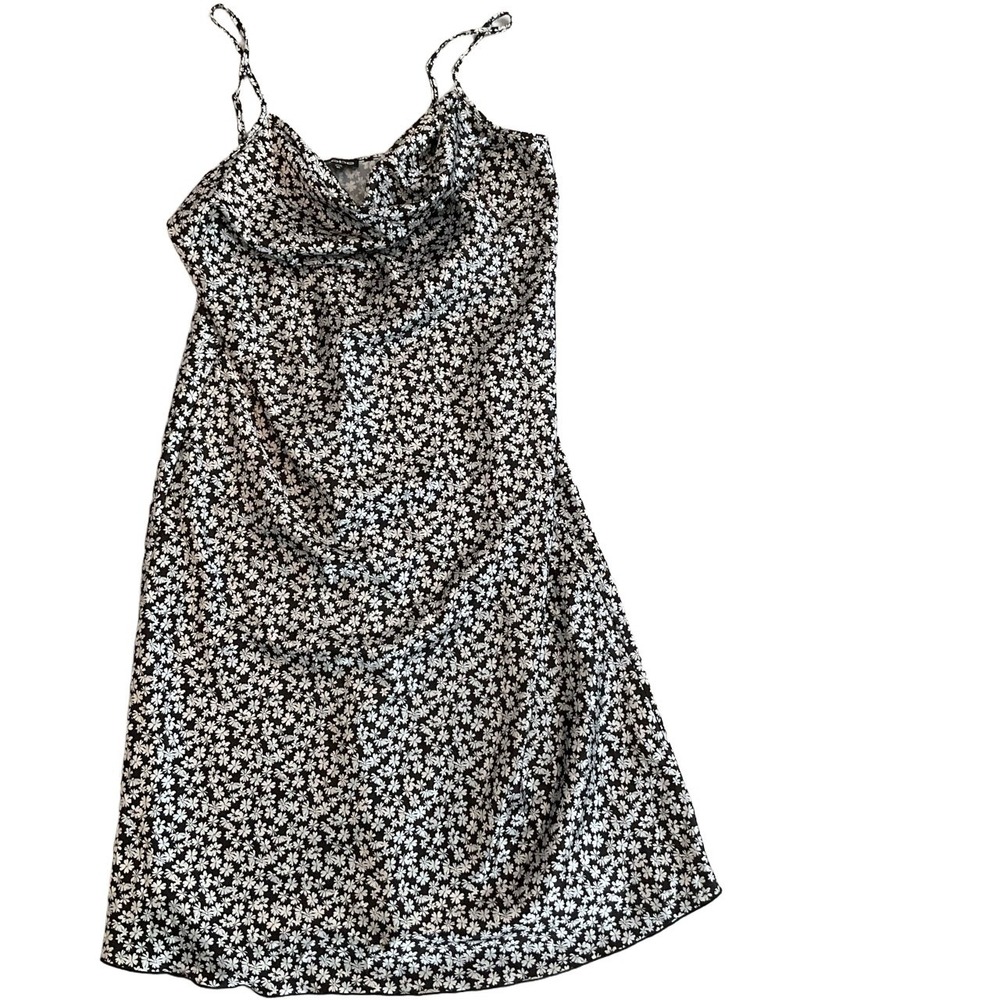 bebe Slip Dress‎ Women XL Black White Daisy Floral Cowl Neck Spaghetti Strap